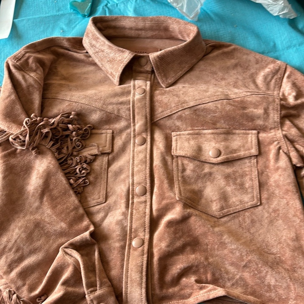 Suede-Look Brown Fringe Jean Jacket - Women's Casual Shacket